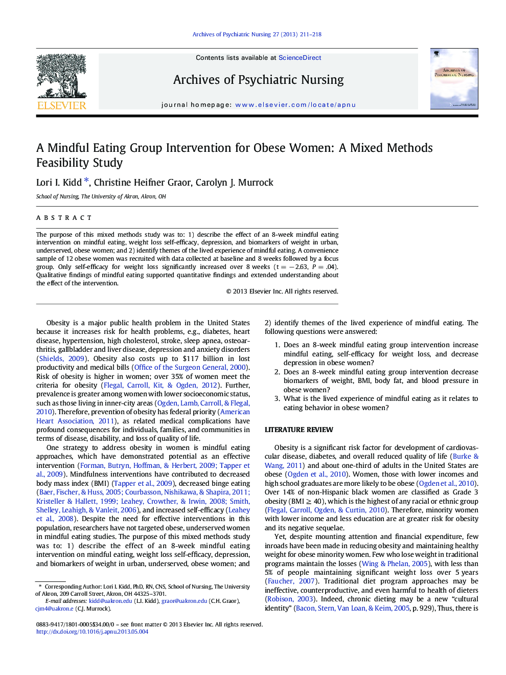 A Mindful Eating Group Intervention for Obese Women: A Mixed Methods Feasibility Study