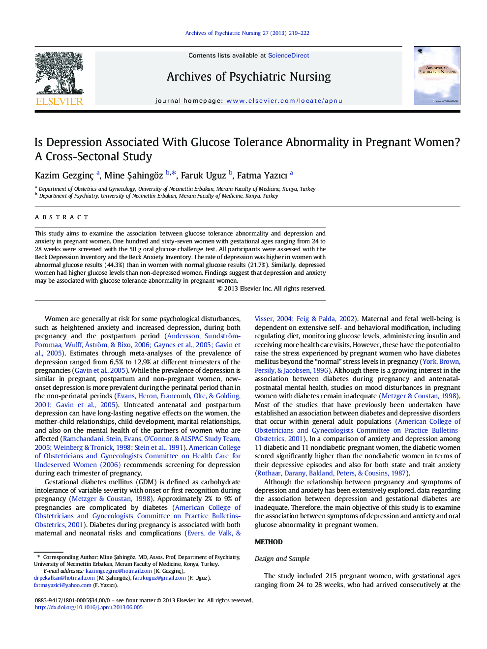 Is Depression Associated With Glucose Tolerance Abnormality in Pregnant Women? A Cross-Sectonal Study