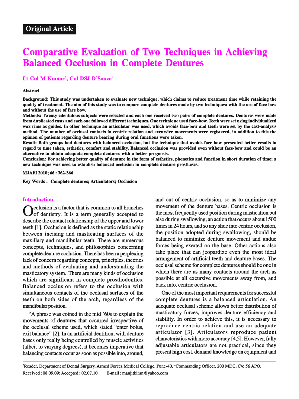Comparative Evaluation of Two Techniques in Achieving Balanced Occlusion in Complete Dentures