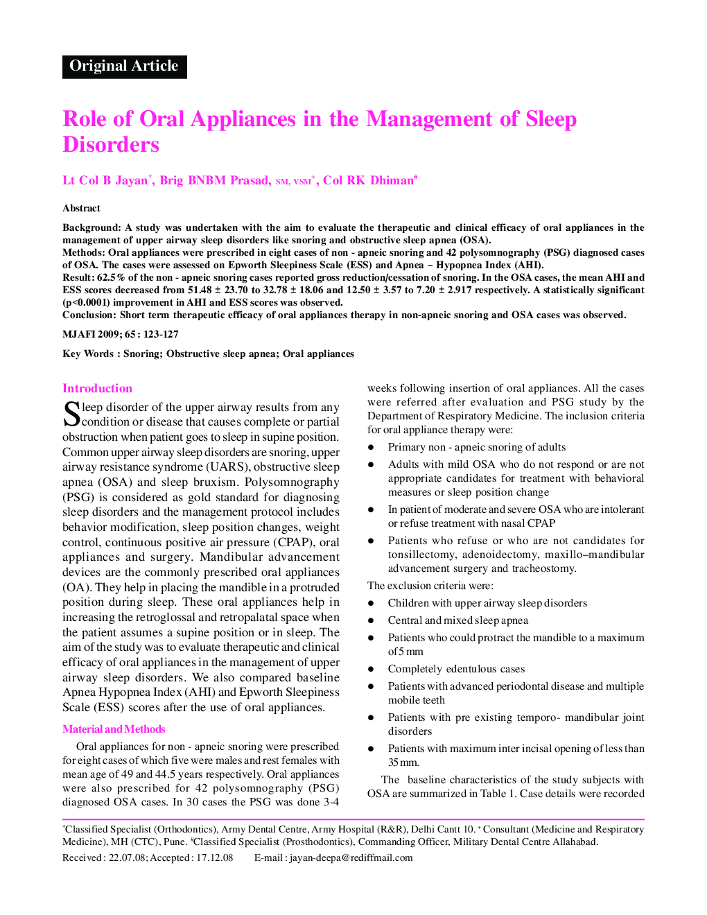 Role of Oral Appliances in the Management of Sleep Disorders