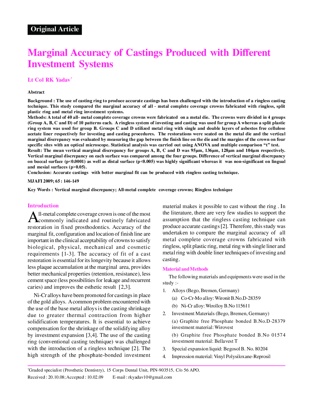 Marginal Accuracy of Castings Produced with Different Investment Systems