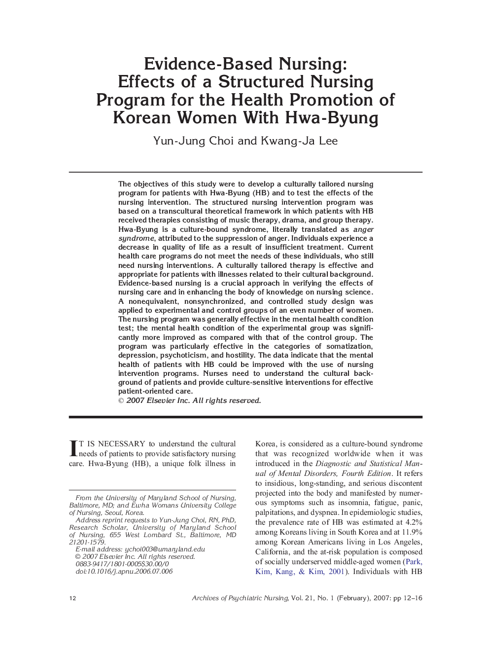 Evidence-Based Nursing: Effects of a Structured Nursing Program for the Health Promotion of Korean Women With Hwa-Byung