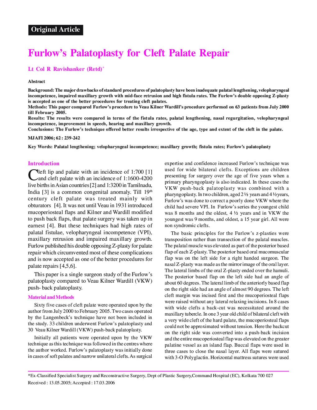 Furlow's Palatoplasty for Cleft Palate Repair