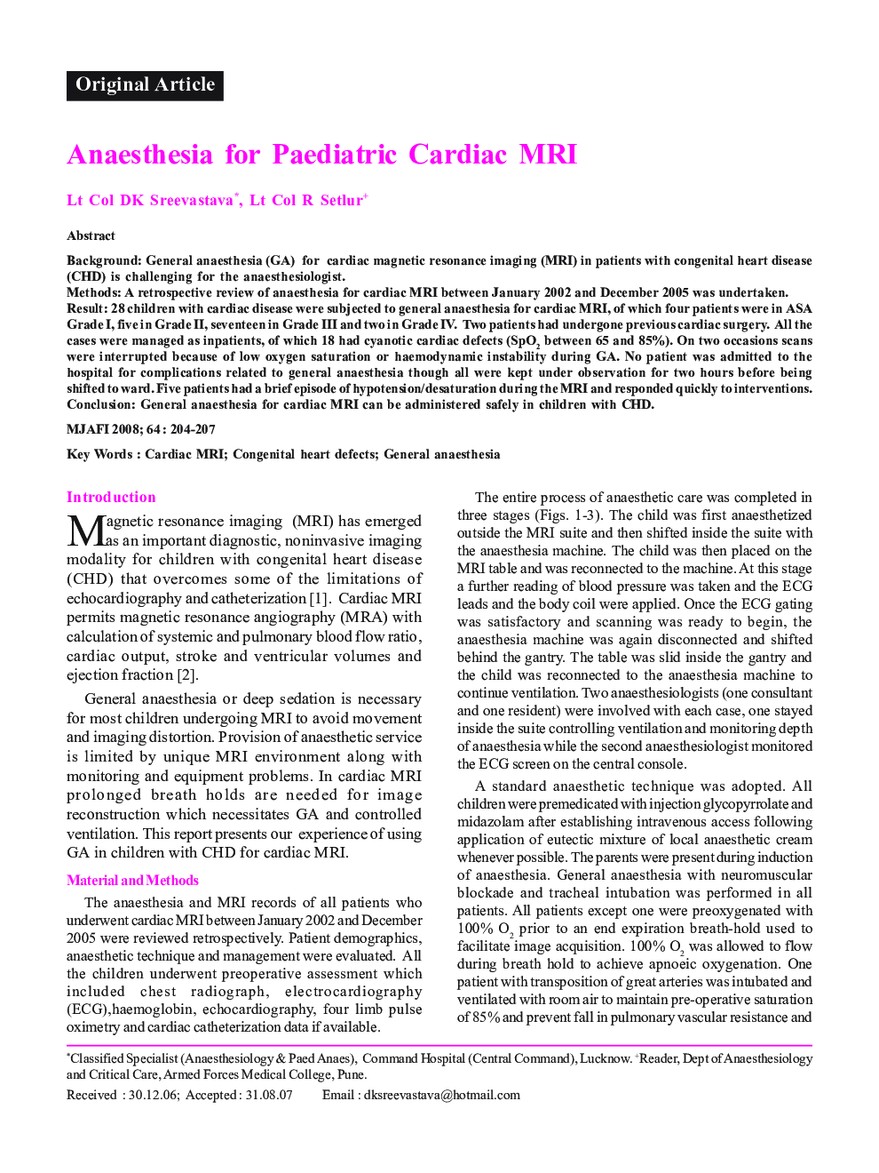 Anaesthesia for Paediatric Cardiac MRI