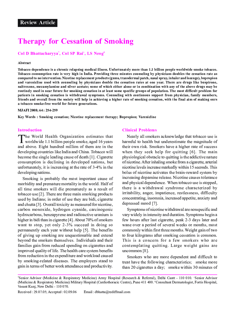Therapy for Cessation of Smoking
