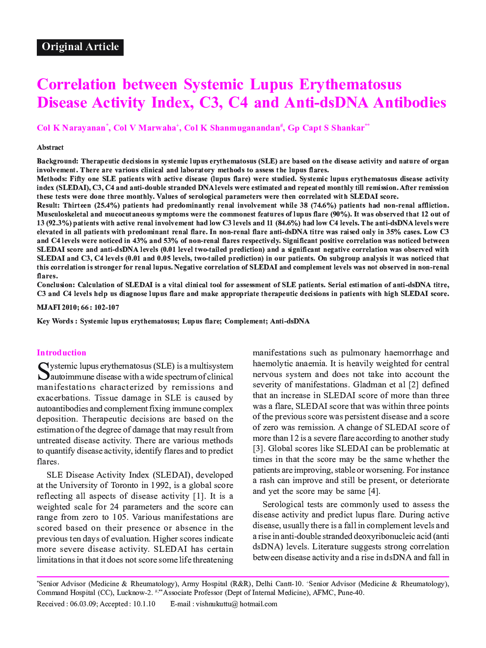 Correlation between Systemic Lupus Erythematosus Disease Activity Index, C3, C4 and Anti-dsDNA Antibodies