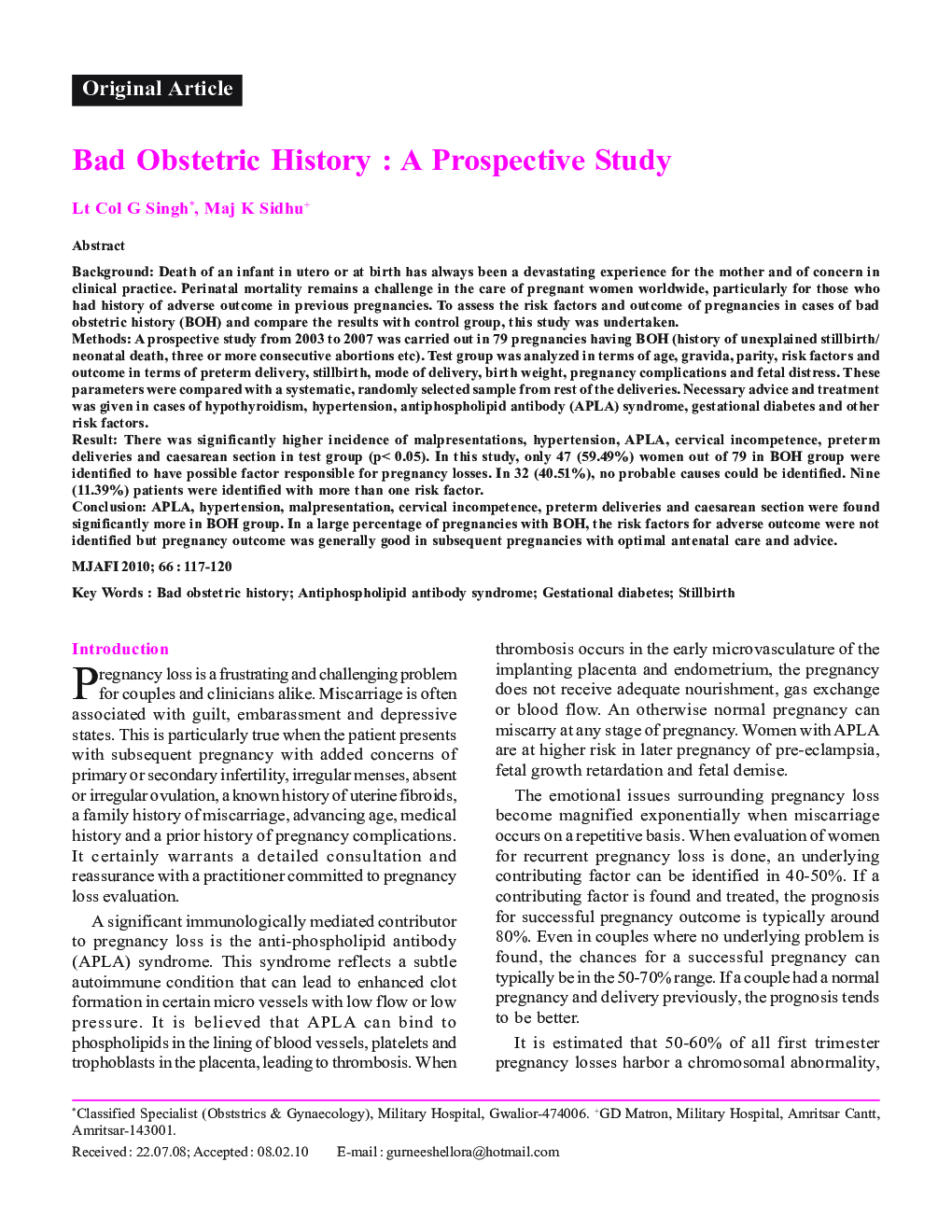 Bad Obstetric History: A Prospective Study