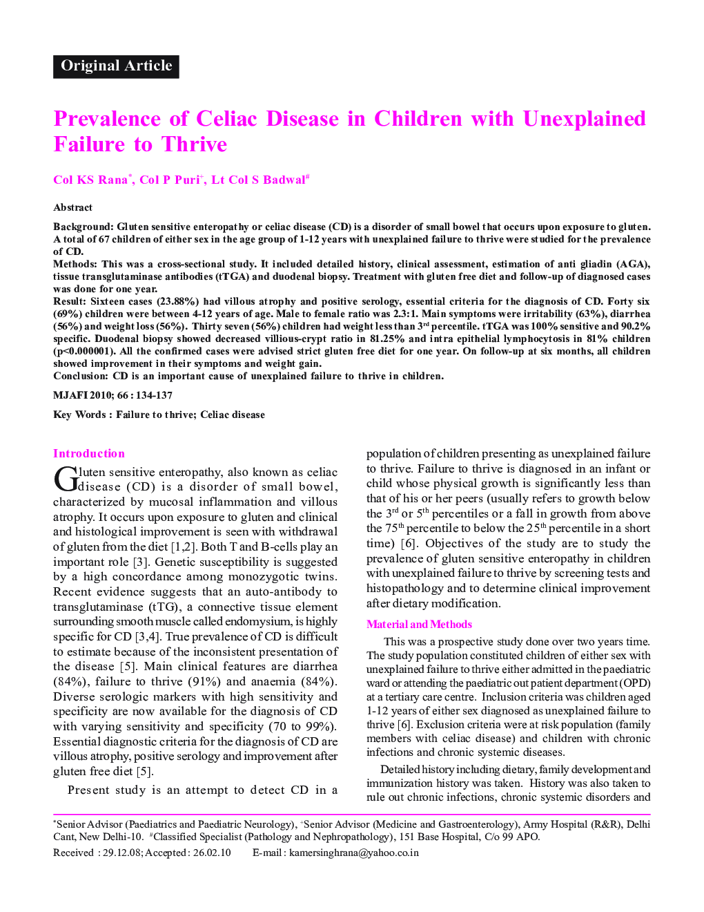 Prevalence of Celiac Disease in Children with Unexplained Failure to Thrive