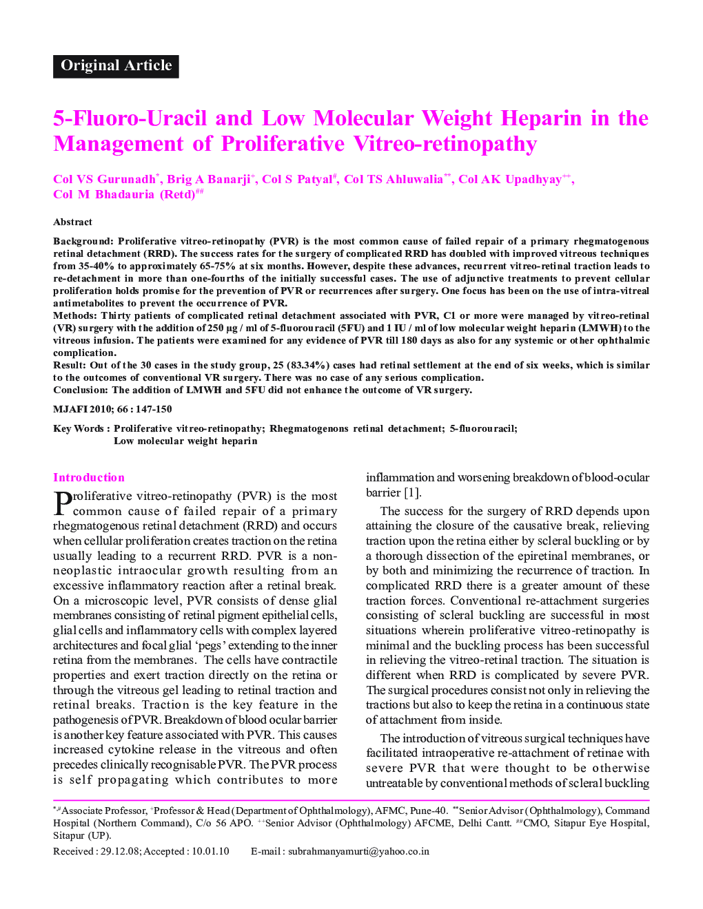 5-Fluoro-Uracil and Low Molecular Weight Heparin in the Management of Proliferative Vitreo-retinopathy