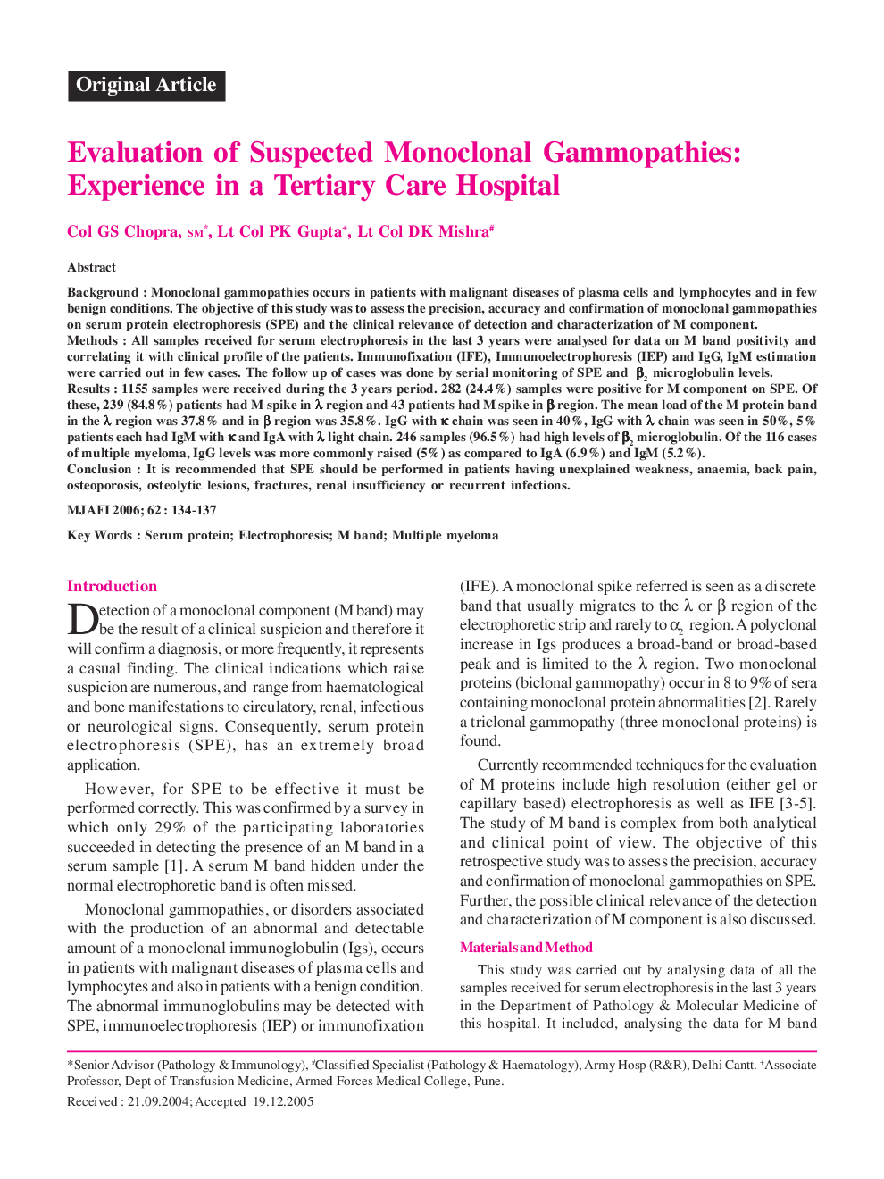 Evaluation of Suspected Monoclonal Gammopathies: Experience in a Tertiary Care Hospital