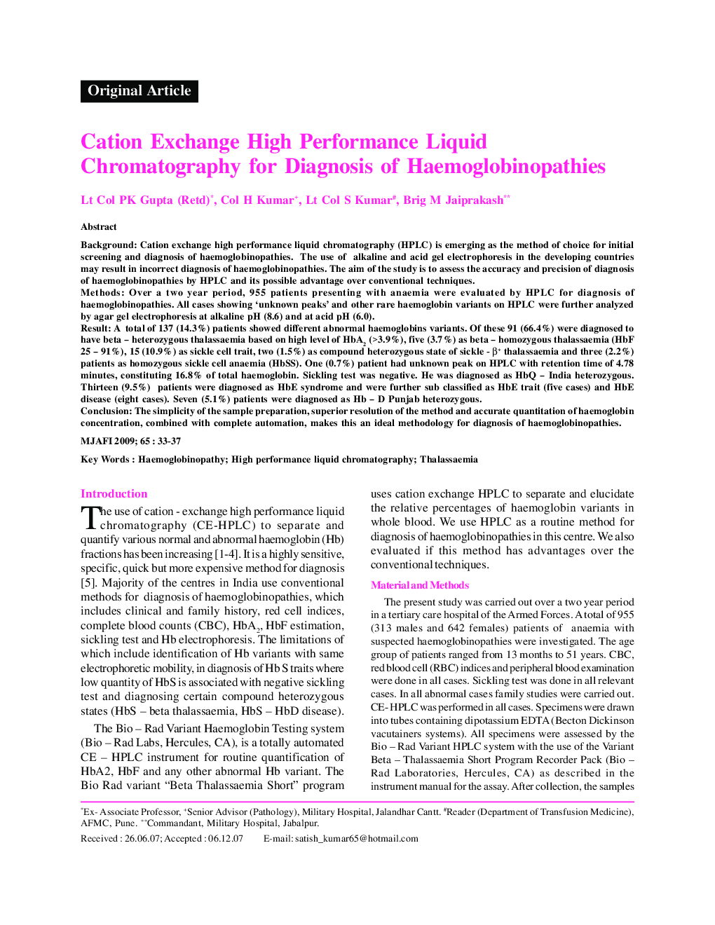 Cation Exchange High Performance Liquid Chromatography for Diagnosis of Haemoglobinopathies