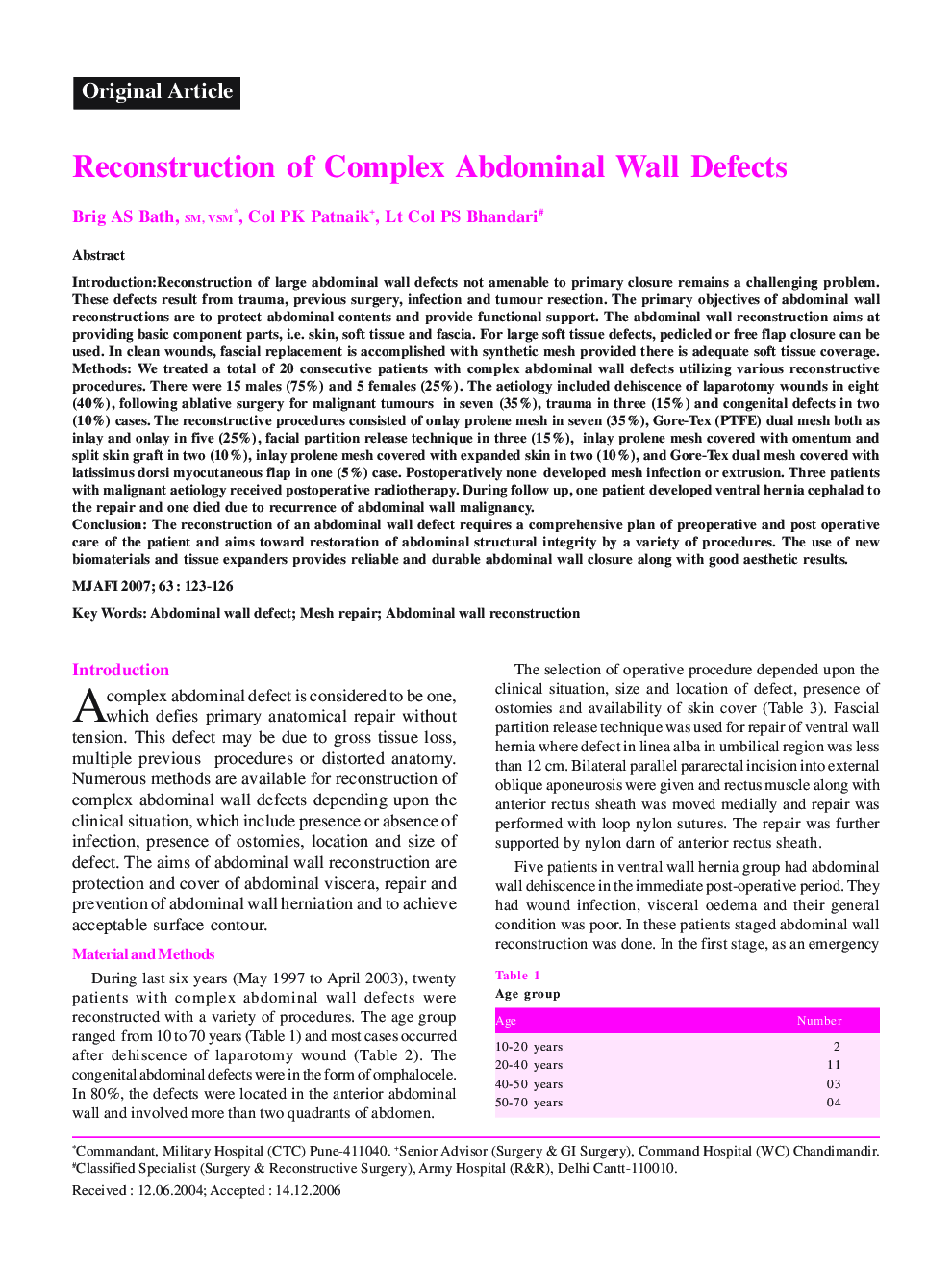 Reconstruction of Complex Abdominal Wall Defects