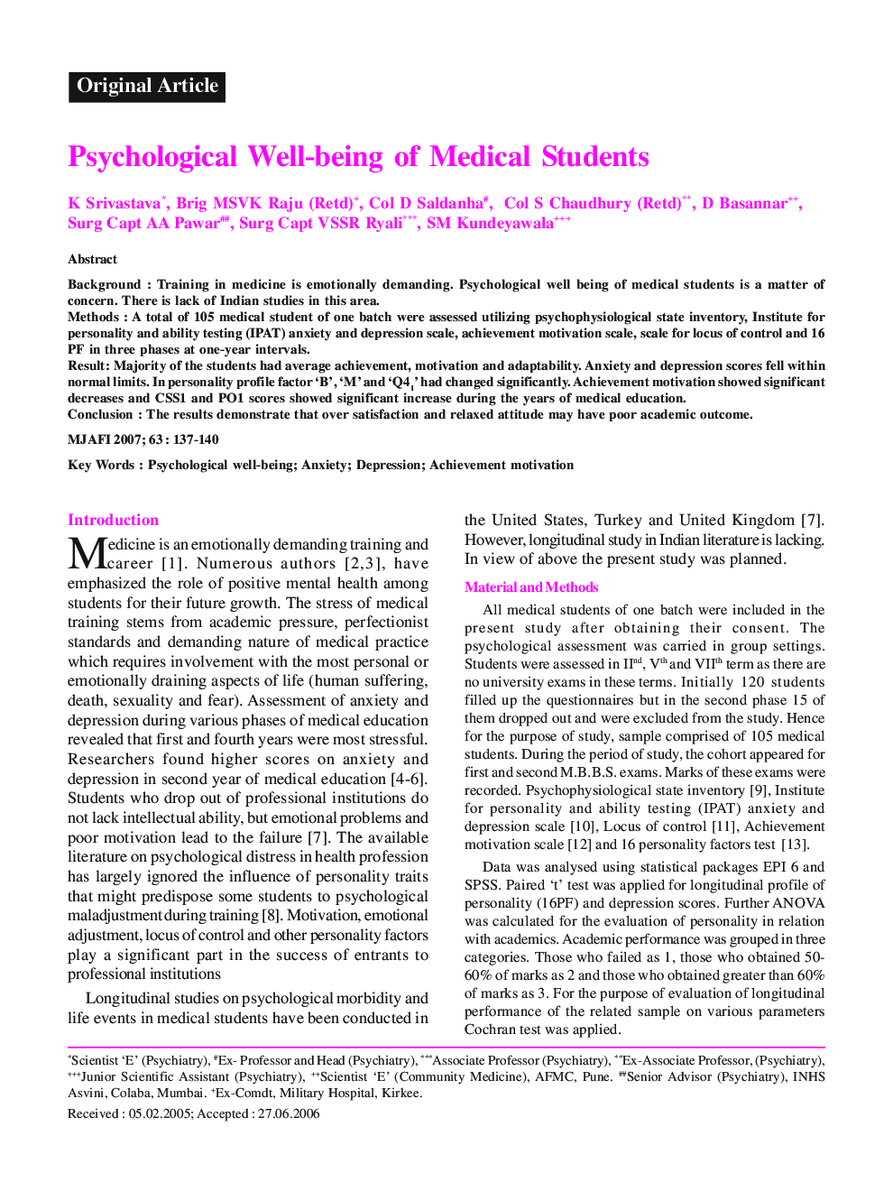 Psychological Well-being of Medical Students