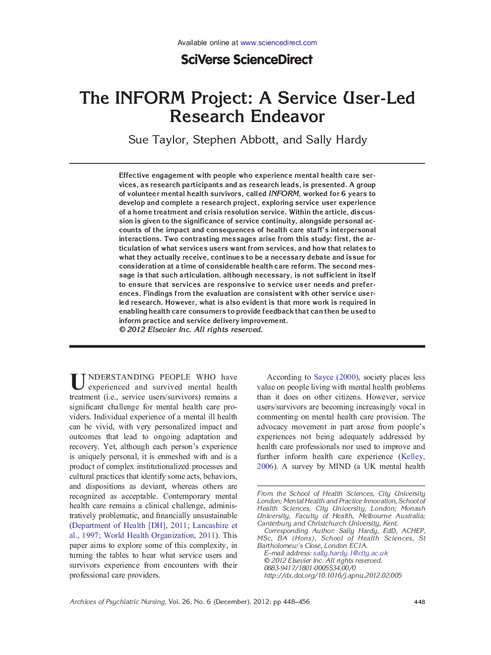 The INFORM Project: A Service User-Led Research Endeavor