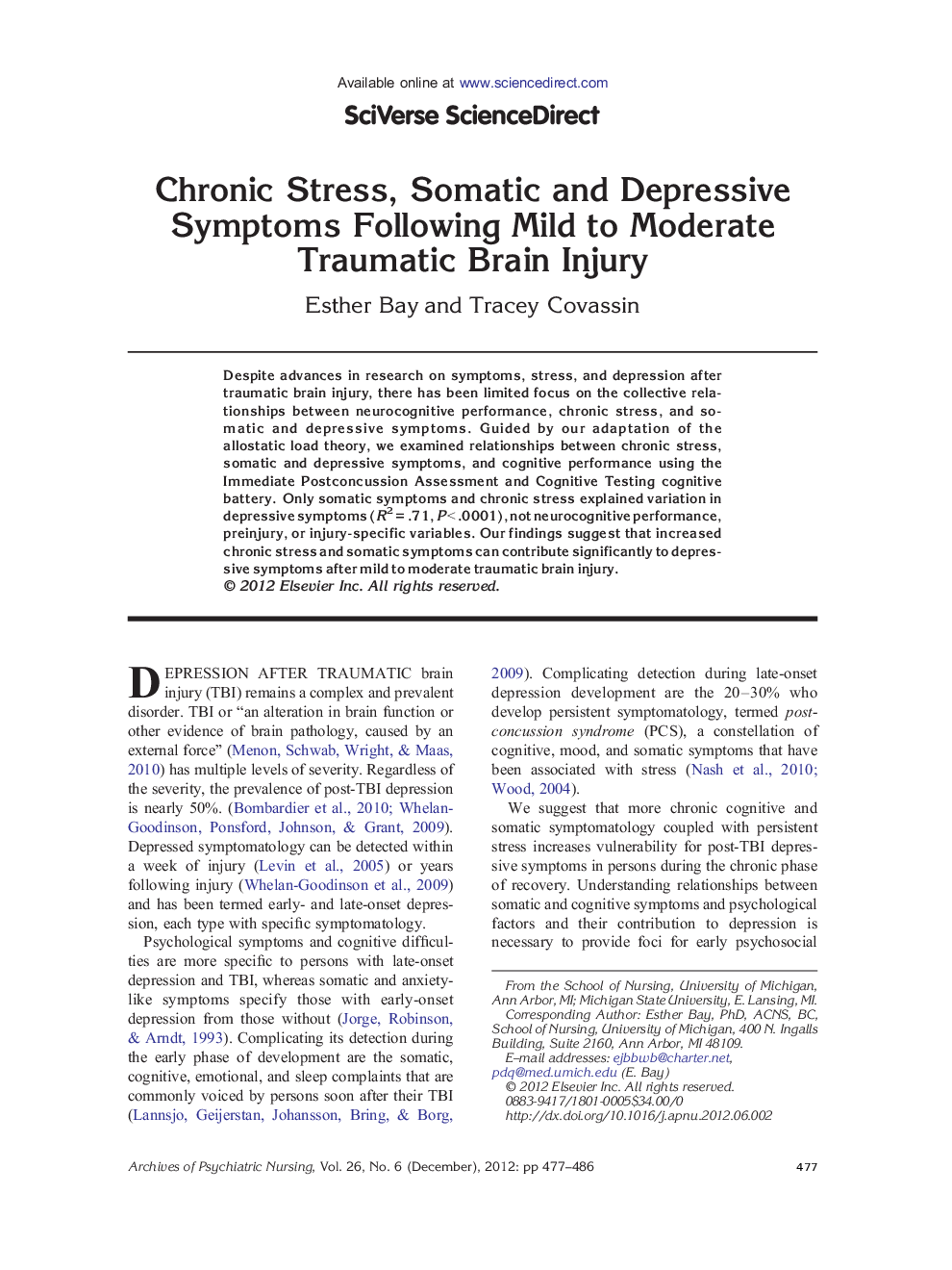 Chronic Stress, Somatic and Depressive Symptoms Following Mild to Moderate Traumatic Brain Injury