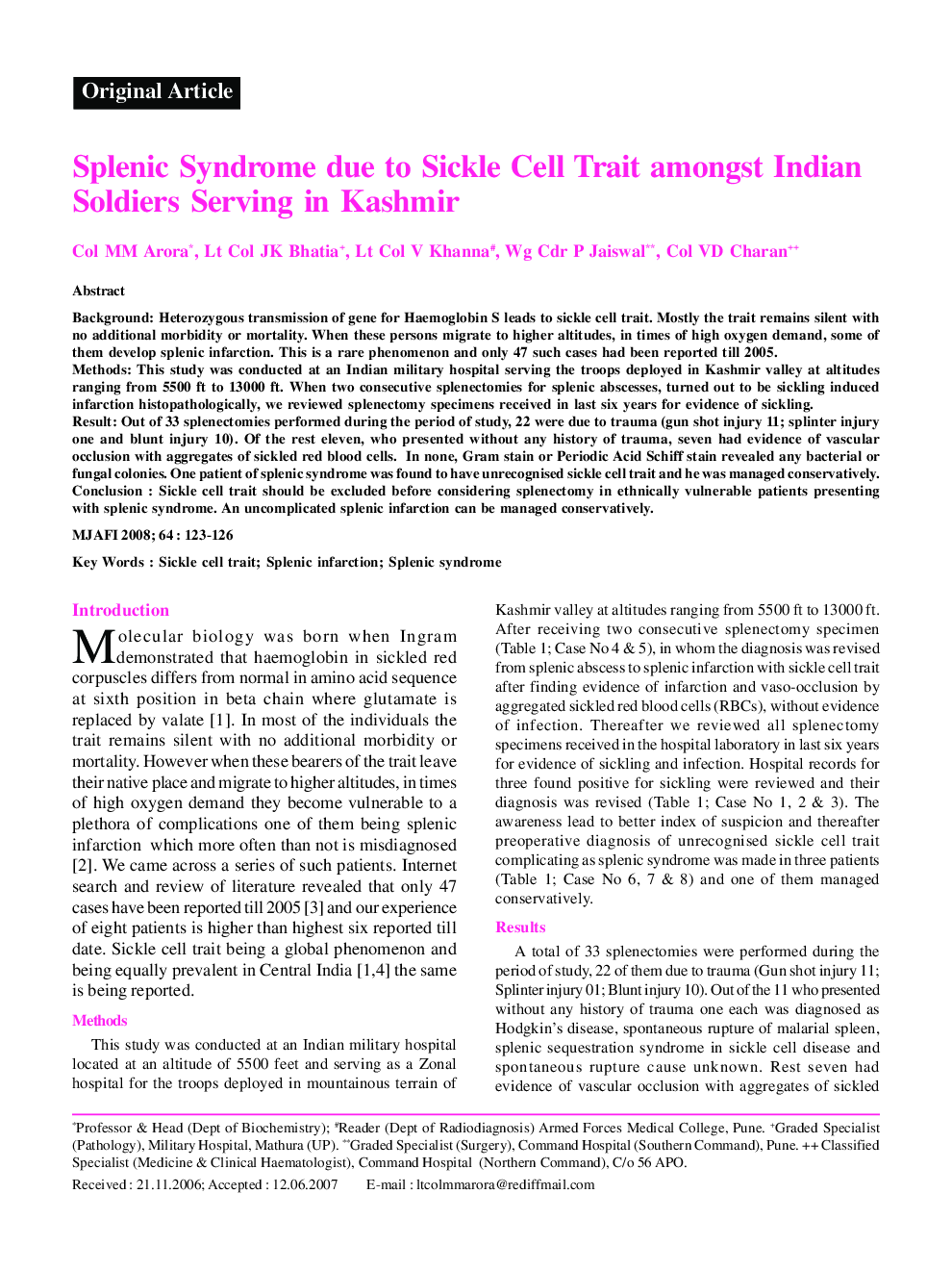 Splenic Syndrome due to Sickle Cell Trait amongst Indian Soldiers Serving in Kashmir