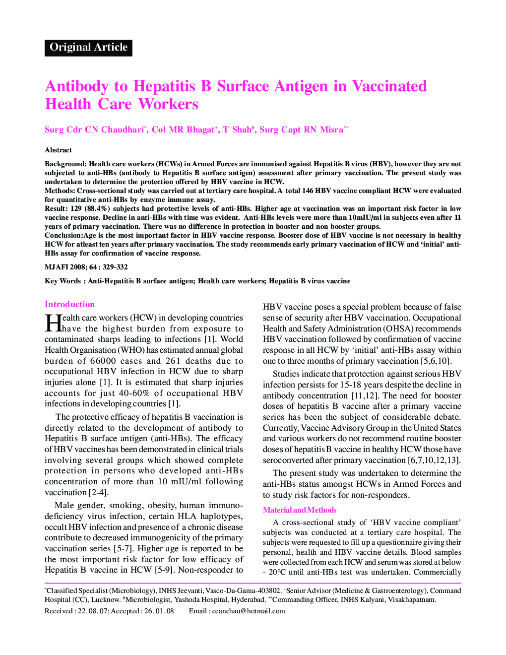 Antibody to Hepatitis B Surface Antigen in Vaccinated Health Care Workers