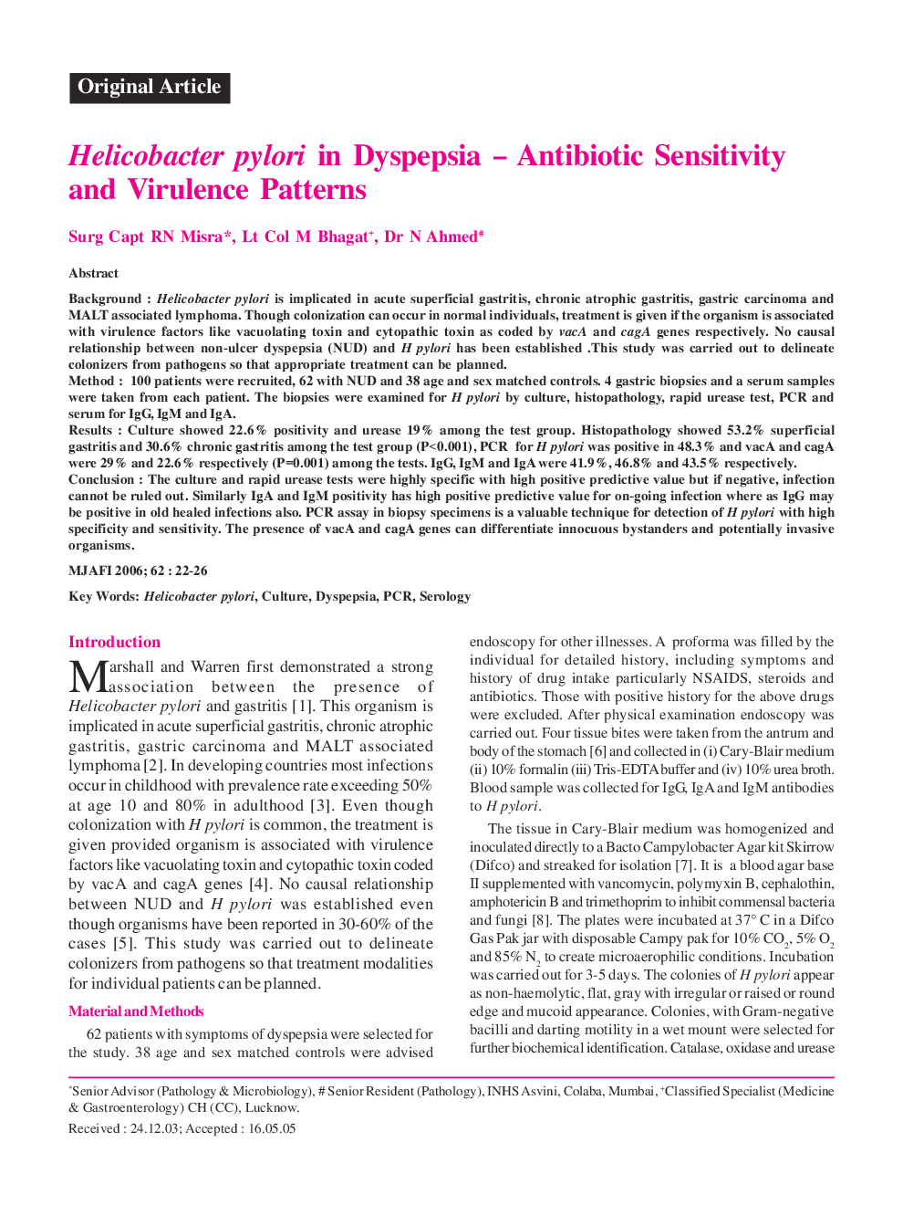 Helicobacter pylori in Dyspepsia – Antibiotic Sensitivity and Virulence Patterns