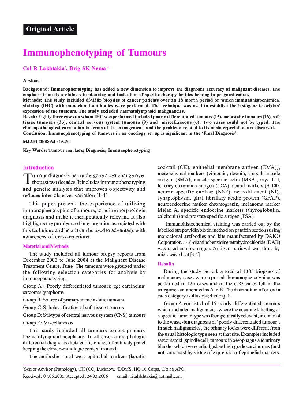 Immunophenotyping of Tumours