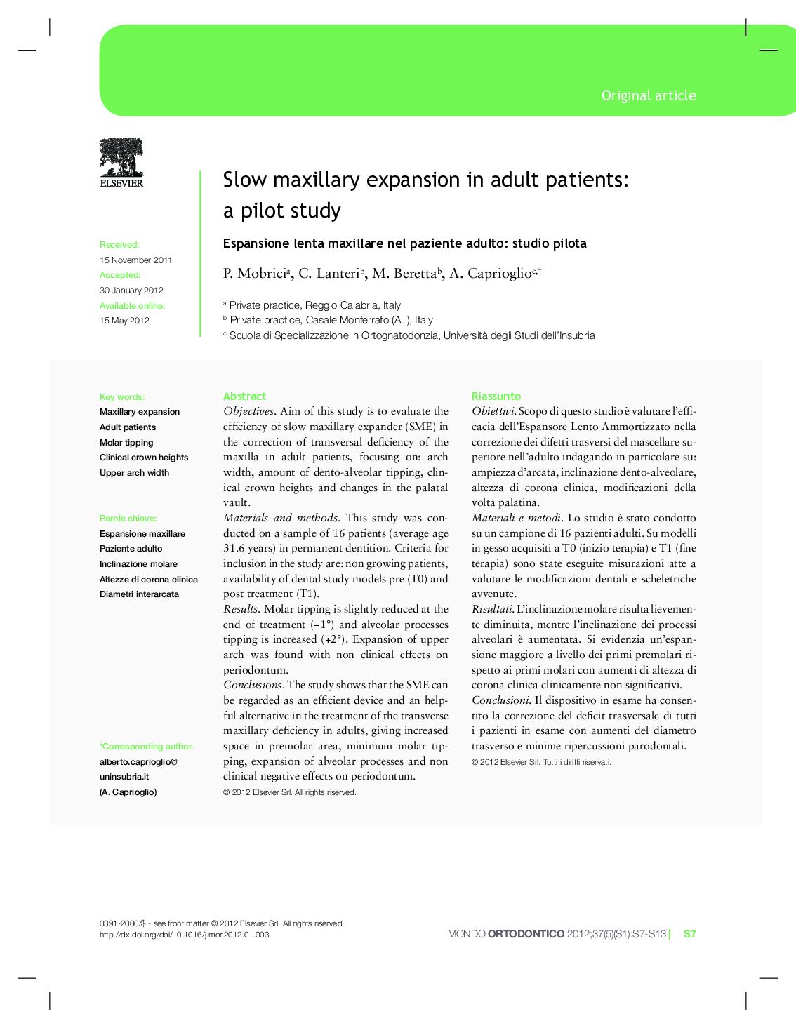 Slow maxillary expansion in adult patients: a pilot study