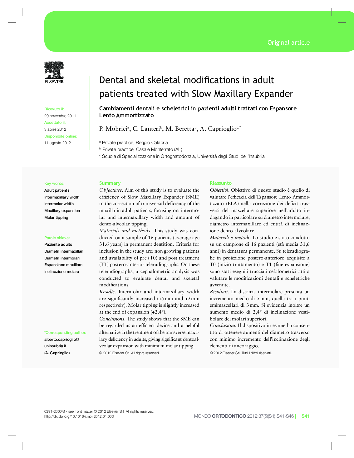 Dental and skeletal modifications in adult patients treated with Slow Maxillary Expander