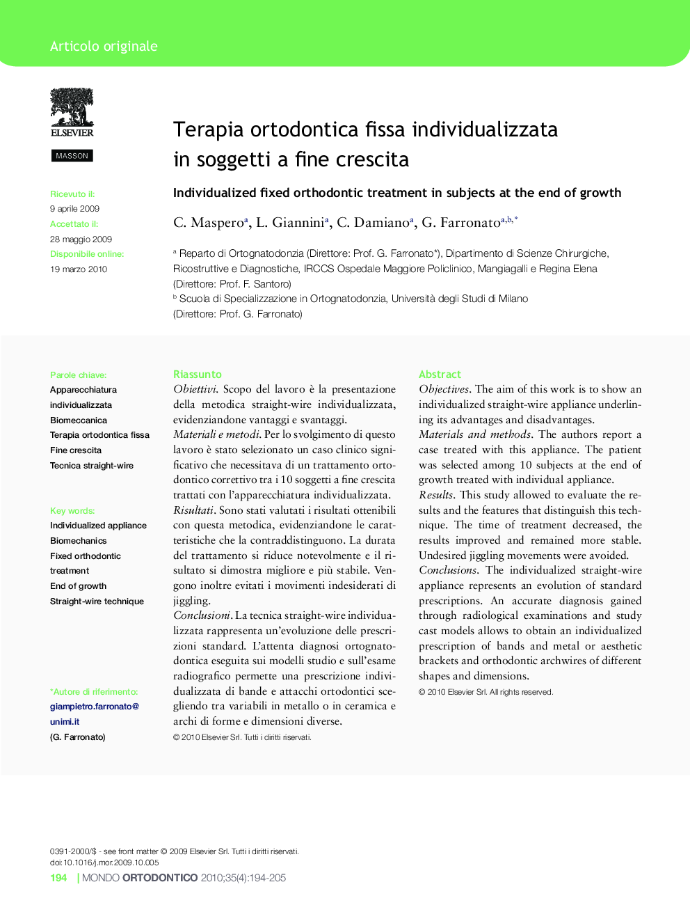 عکس صفحه اول مقاله: Terapia ortodontica fissa individualizzata in soggetti a fine crescita Terapia ortodontica fissa individualizzata in soggetti a fine crescita