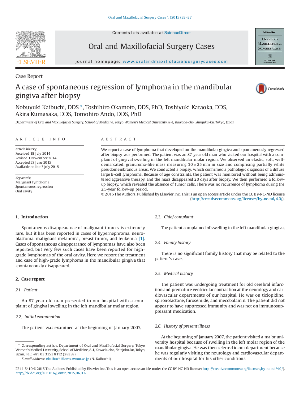 A case of spontaneous regression of lymphoma in the mandibular gingiva after biopsy