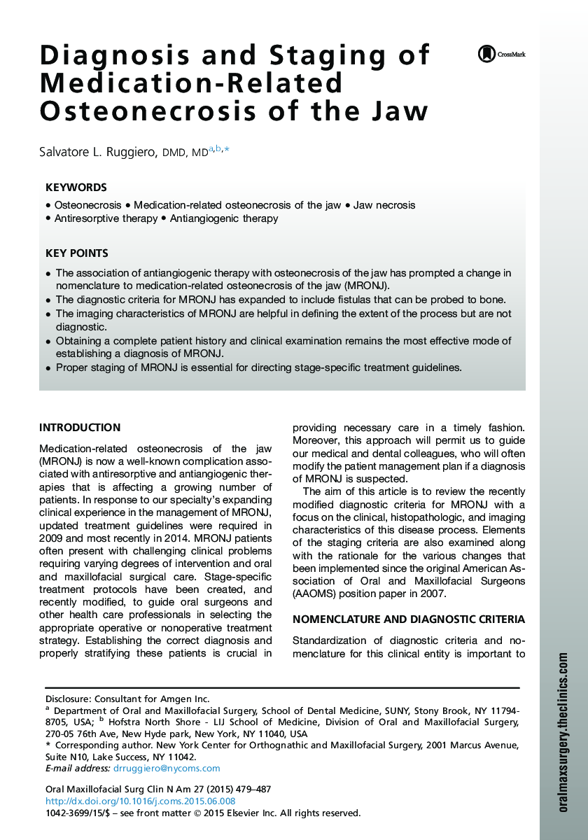 Diagnosis and Staging of Medication-Related Osteonecrosis of the Jaw