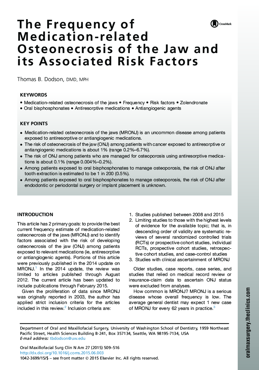 The Frequency of Medication-related Osteonecrosis of the Jaw and its Associated Risk Factors