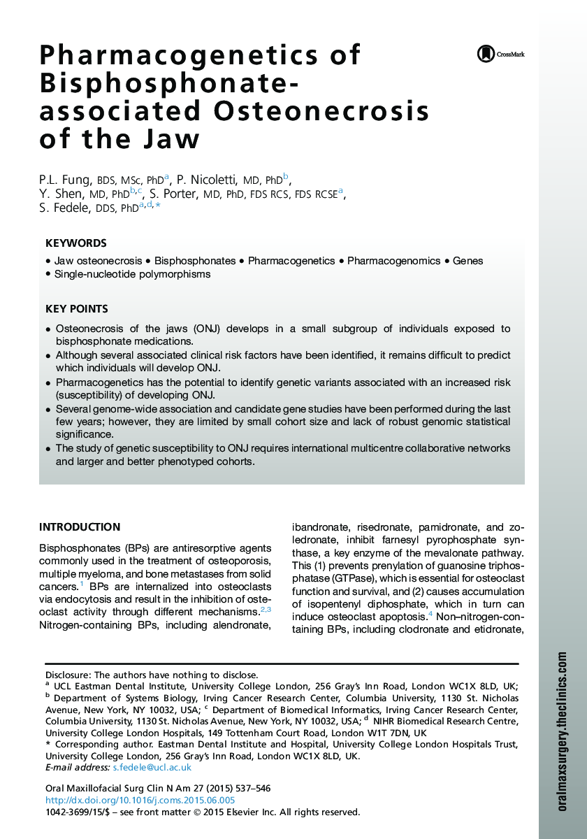 Pharmacogenetics of Bisphosphonate-associated Osteonecrosis of the Jaw