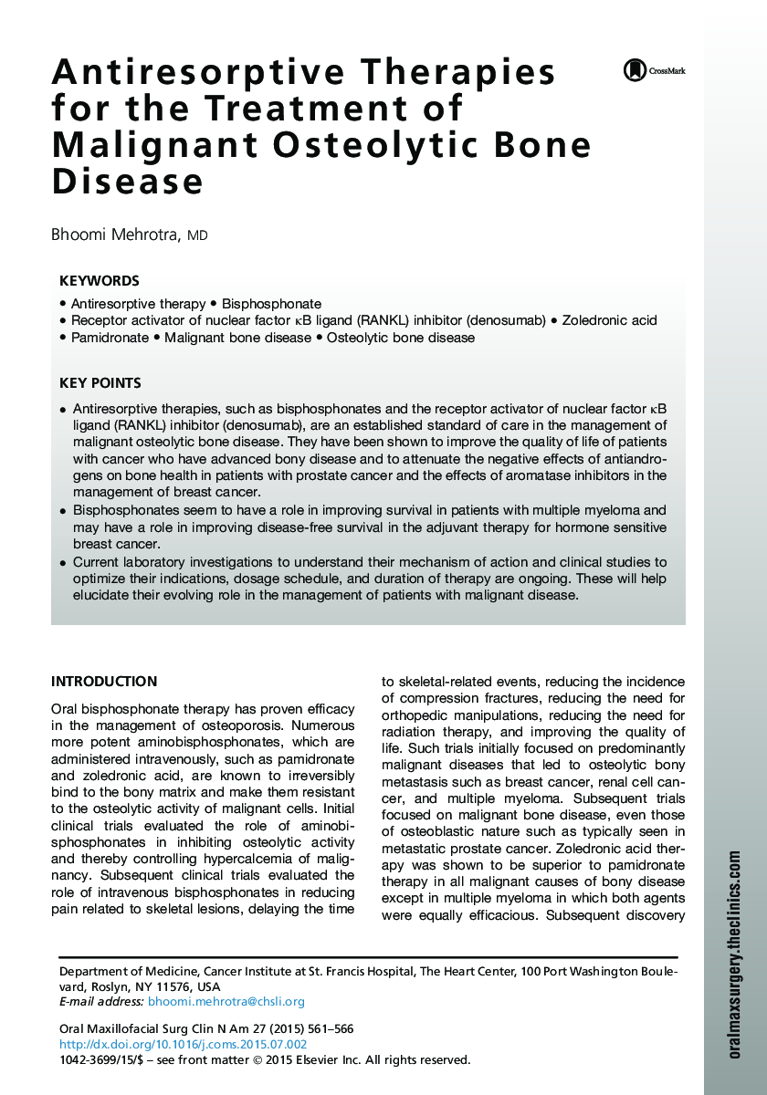 Antiresorptive Therapies for the Treatment of Malignant Osteolytic Bone Disease