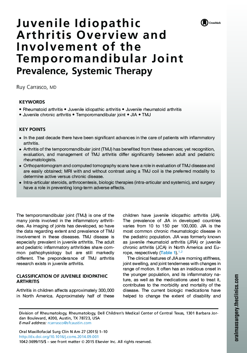 Juvenile Idiopathic Arthritis Overview and Involvement of the Temporomandibular Joint