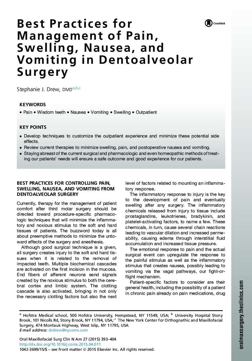 Best Practices for Management of Pain, Swelling, Nausea, and Vomiting in Dentoalveolar Surgery