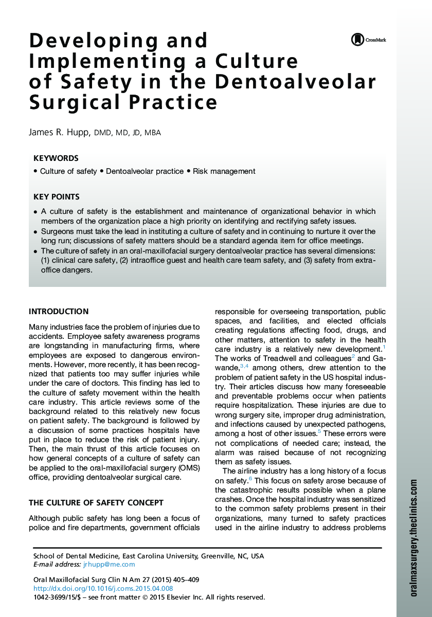 Developing and Implementing a Culture of Safety in the Dentoalveolar Surgical Practice