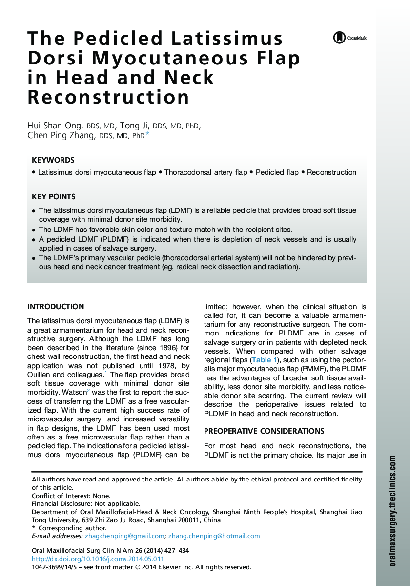 The Pedicled Latissimus Dorsi Myocutaneous Flap in Head and Neck Reconstruction