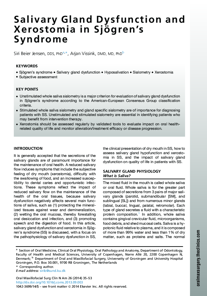 Salivary Gland Dysfunction and Xerostomia in Sjögren's Syndrome