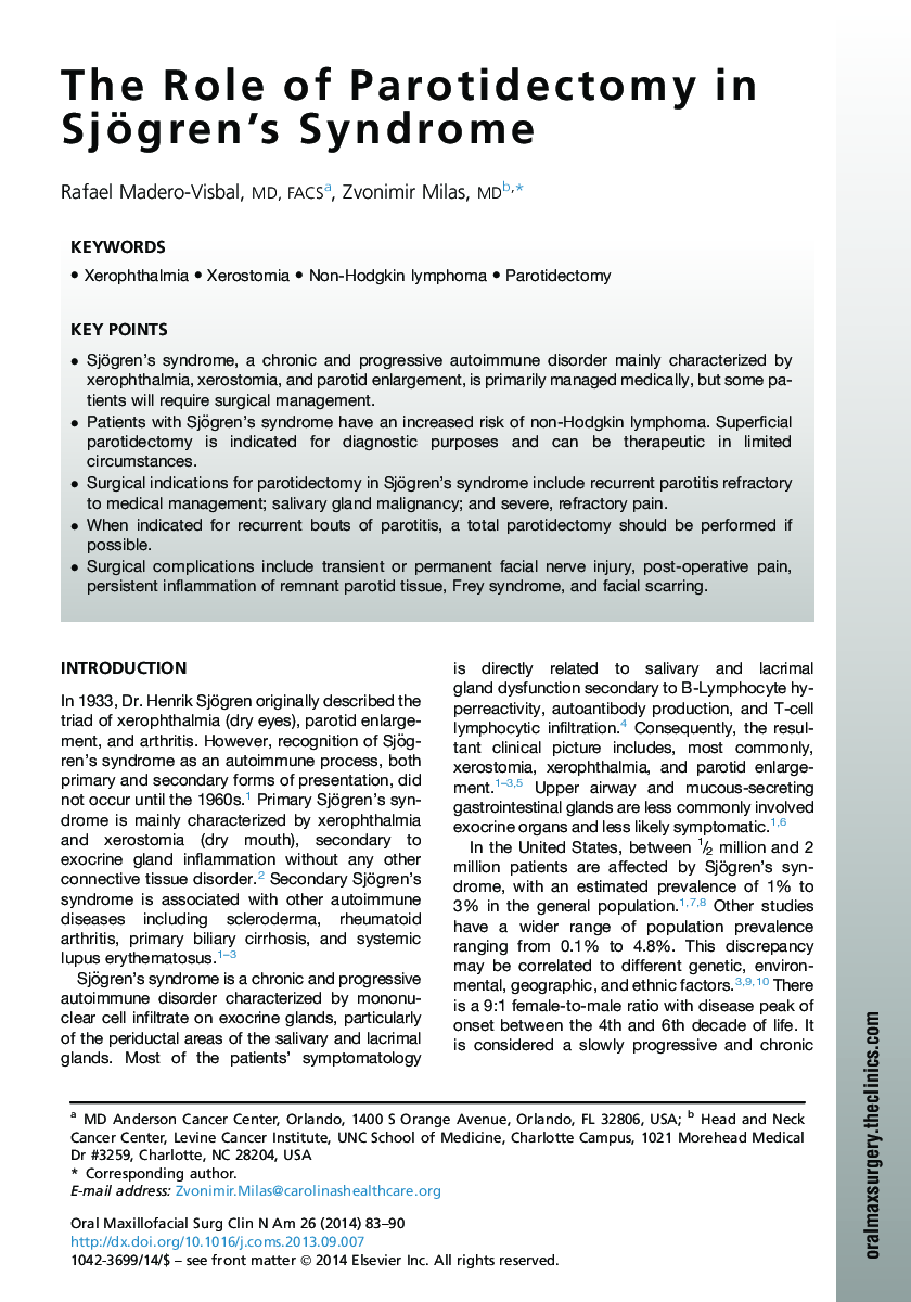 The Role of Parotidectomy in Sjögren's Syndrome