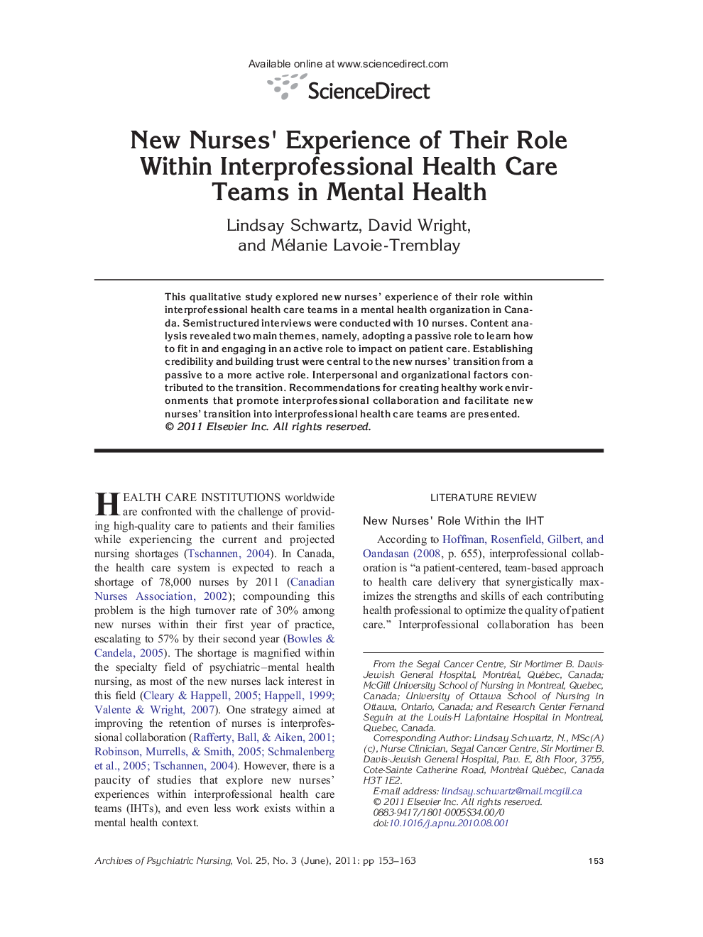 New Nurses' Experience of Their Role Within Interprofessional Health Care Teams in Mental Health