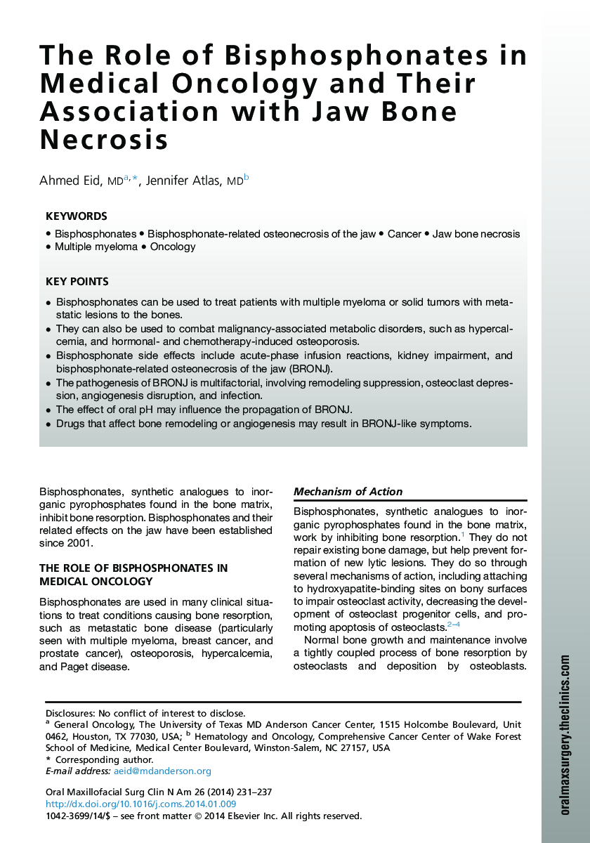 The Role of Bisphosphonates in Medical Oncology and Their Association with Jaw Bone Necrosis