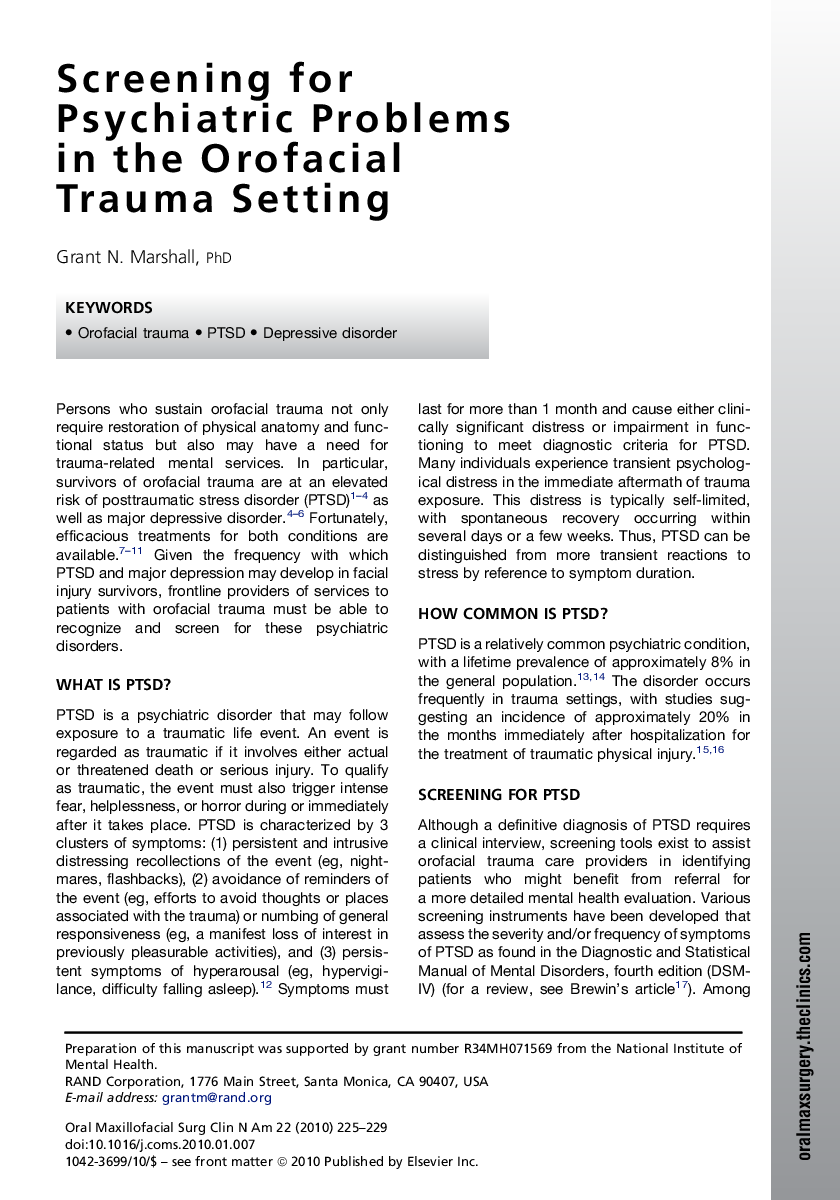 Screening for Psychiatric Problems in the Orofacial Trauma Setting