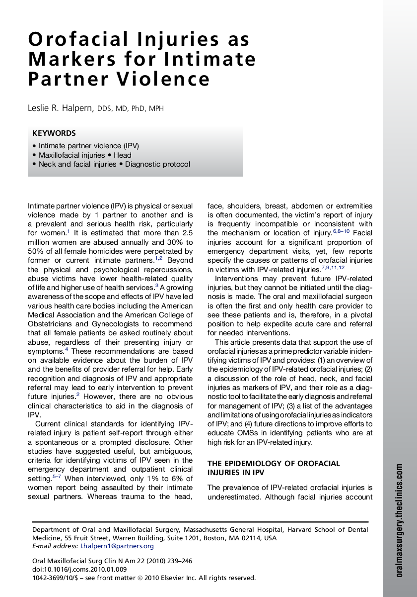 Orofacial Injuries as Markers for Intimate Partner Violence