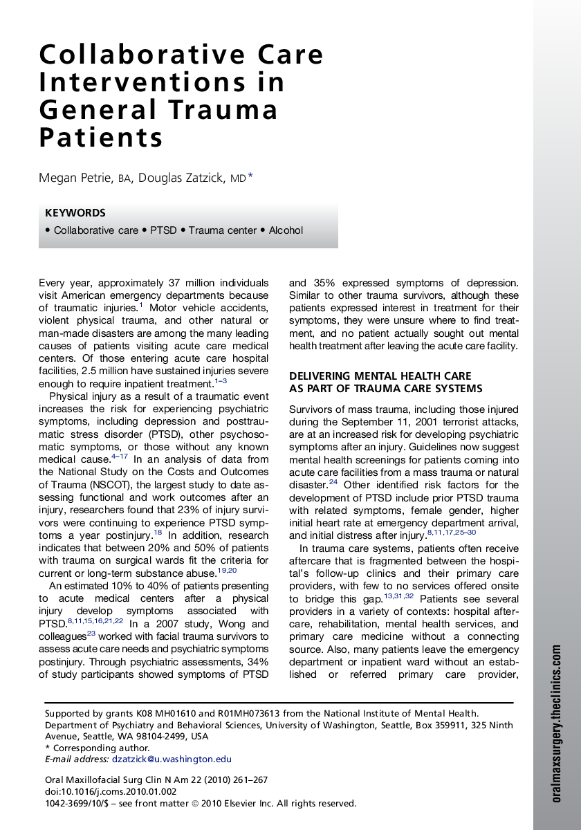 Collaborative Care Interventions in General Trauma Patients