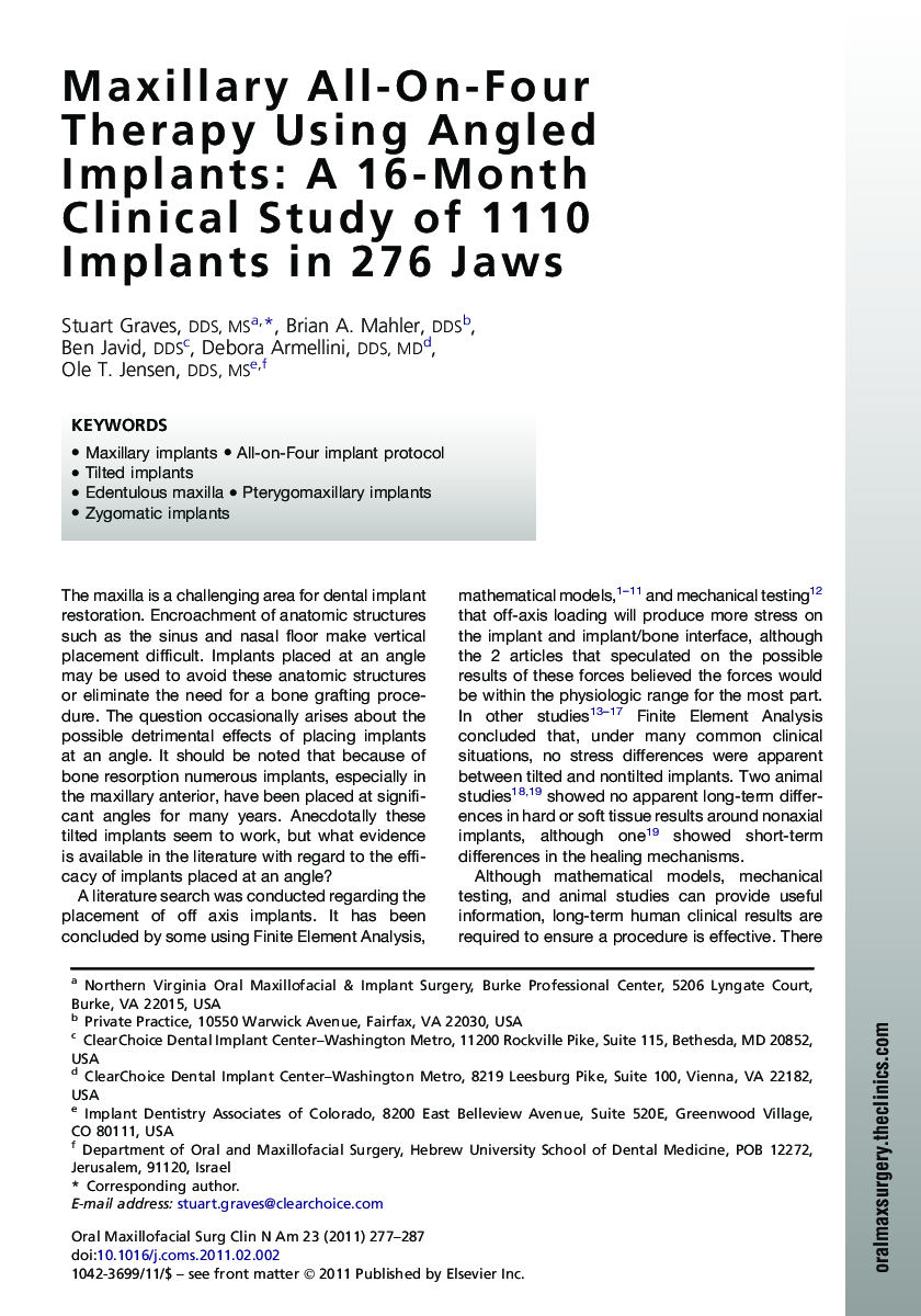 Maxillary All-On-Four Therapy Using Angled Implants: A 16-Month Clinical Study of 1110 Implants in 276 Jaws