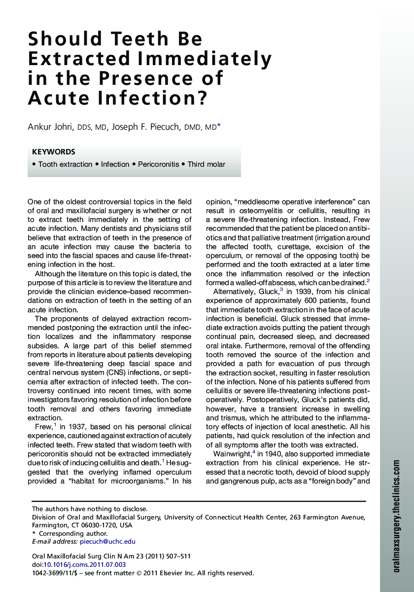 Should Teeth Be Extracted Immediately in the Presence of Acute Infection?