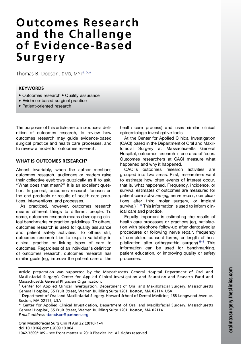 Outcomes Research and the Challenge of Evidence-Based Surgery