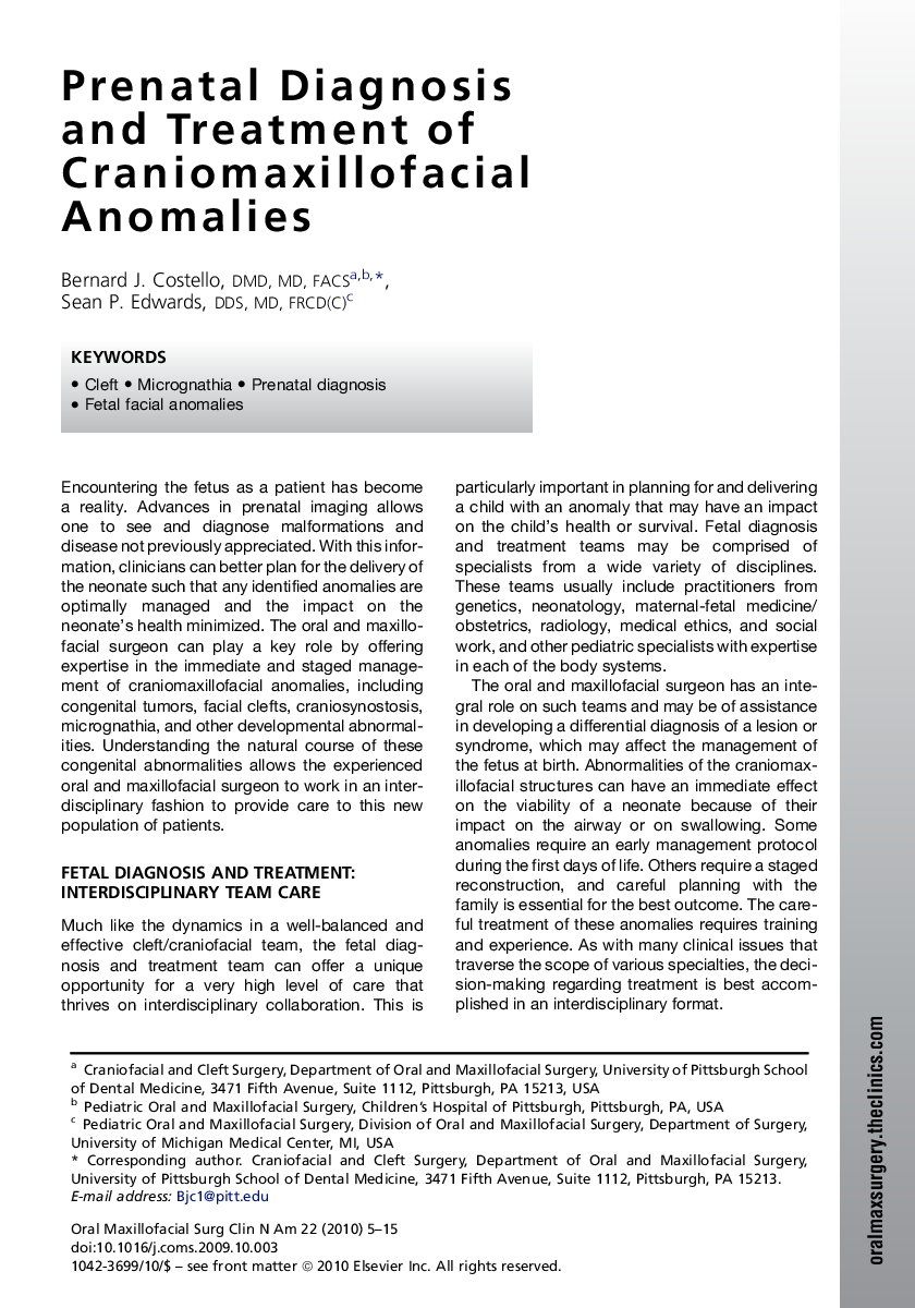 Prenatal Diagnosis and Treatment of Craniomaxillofacial Anomalies