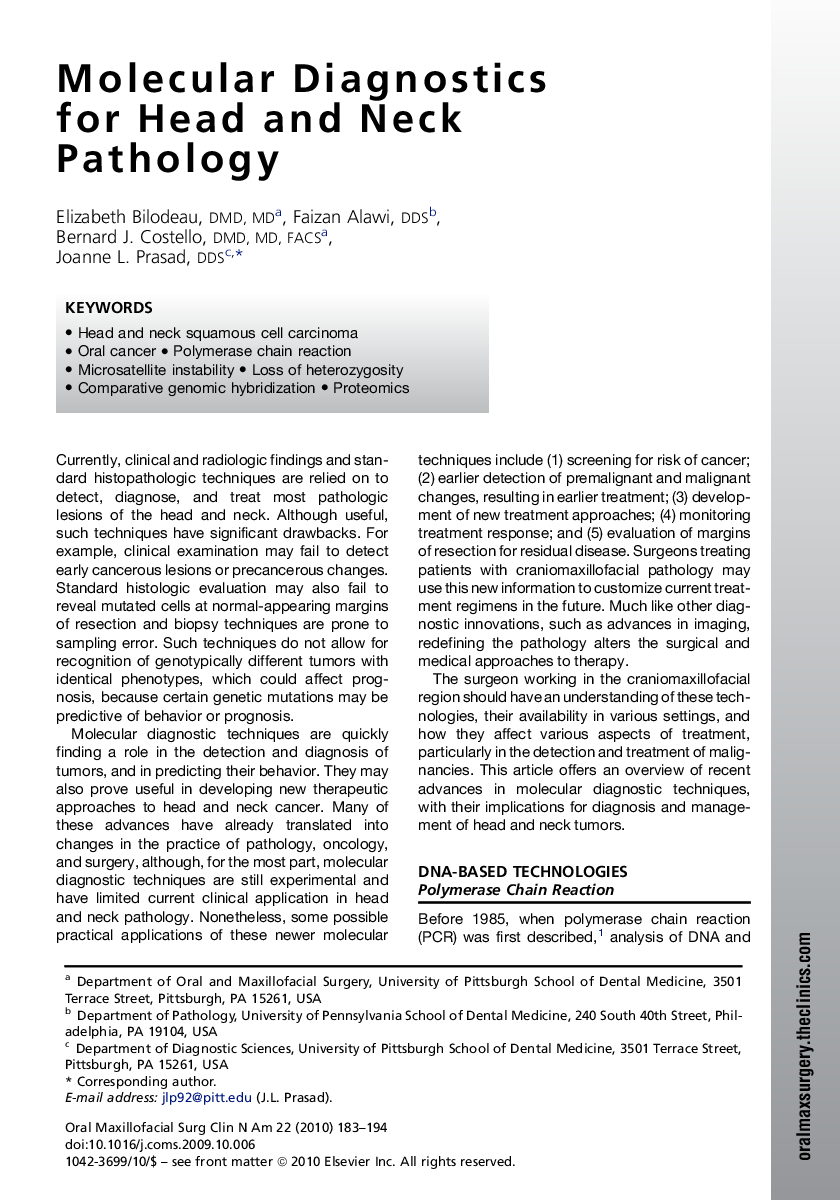 Molecular Diagnostics for Head and Neck Pathology