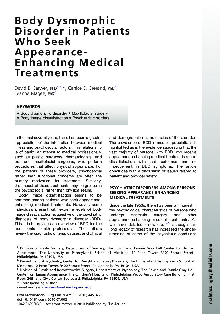 Body Dysmorphic Disorder in Patients Who Seek Appearance-Enhancing Medical Treatments