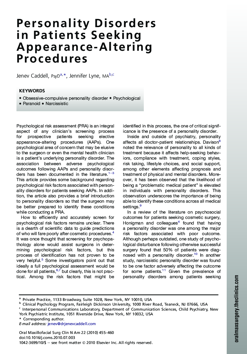 Personality Disorders in Patients Seeking Appearance-Altering Procedures