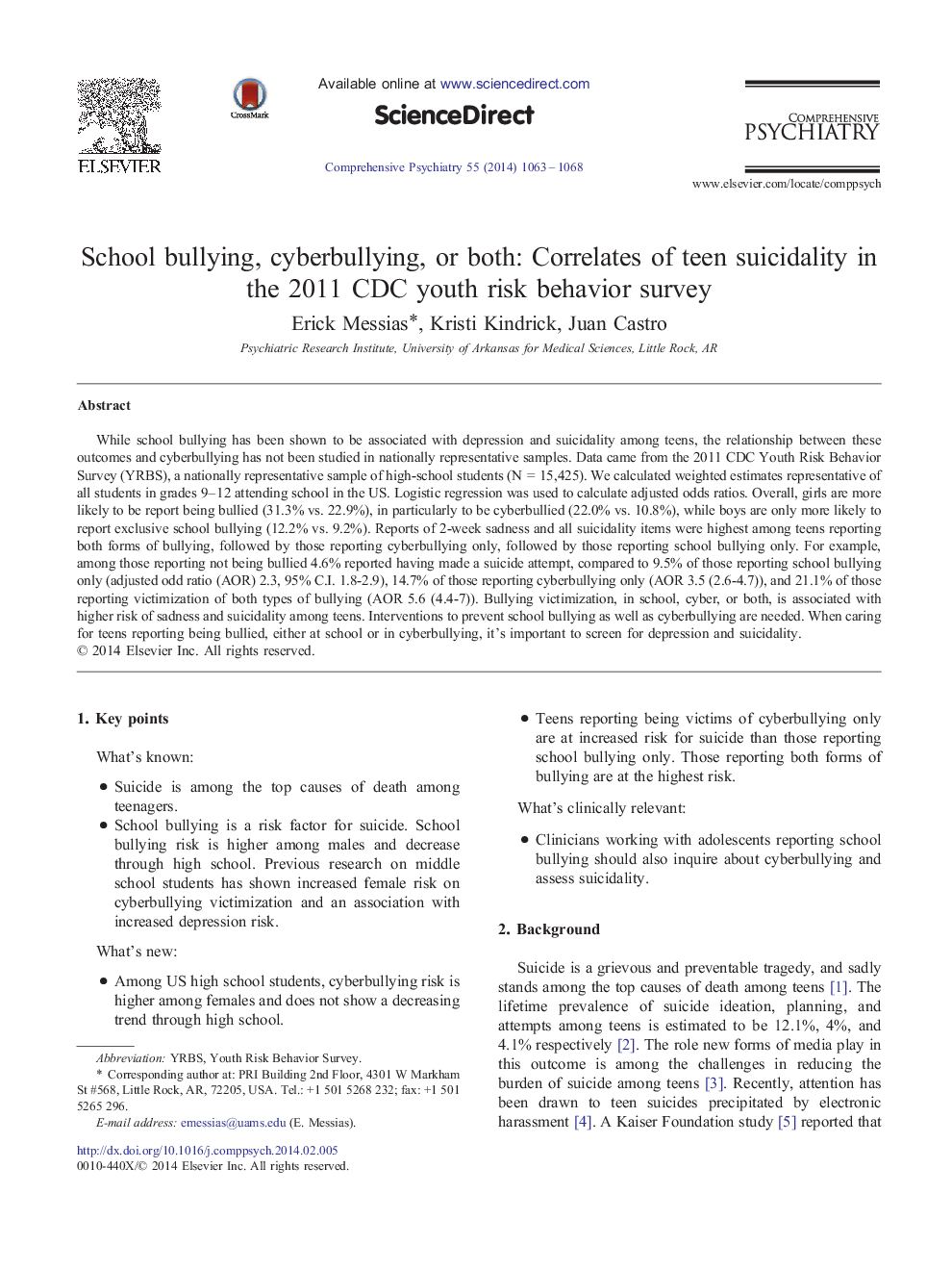 School bullying, cyberbullying, or both: Correlates of teen suicidality in the 2011 CDC youth risk behavior survey